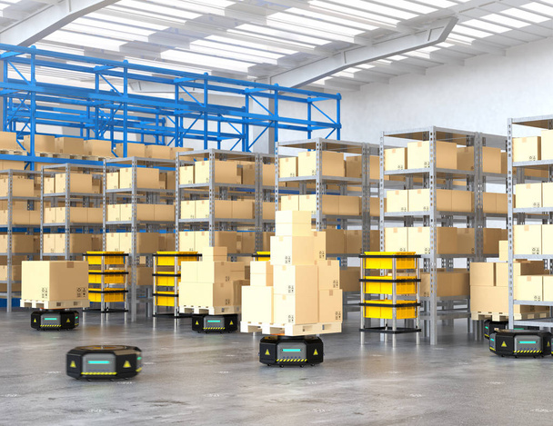 Portapacchi robot neri che trasportano merci in magazzino moderno
 - Foto, immagini
