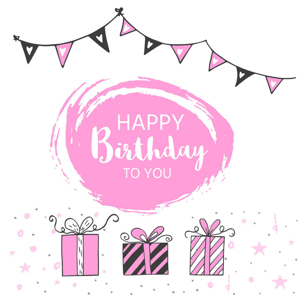 Happy Birthday greeting card and party invitation template, black and pink colors. Hand drawn elements for perfect girls design - Vector, Imagen