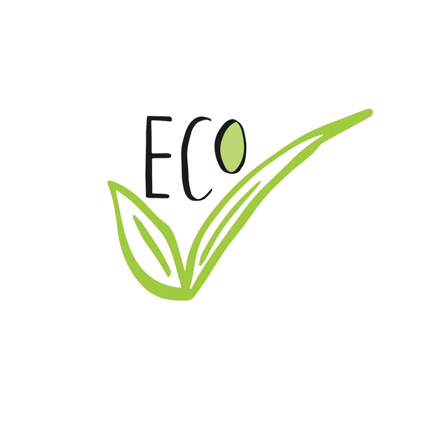 Vector eco, bio green logo or sign. Vegan, raw, healthy food badge, tag for cafe, restaurants, products packaging. Hand drawn leaves, branches, plant elements with lettering. Organic design template. - Vektor, kép