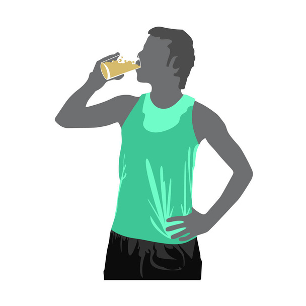 щасливий молодий чоловік п'є воду після тренування на відкритому повітрі. Вмістити чоловіка бігуна відпочиває після тренування сеансу
 - Вектор, зображення