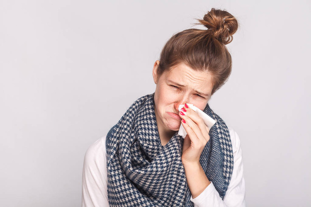 Allergy or virus concept. Closeup portrait of sick woman looking - Foto, imagen