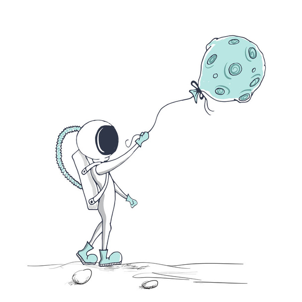 astronauta utrzymuje balon jak projekt Moon.Prints. Ilustracja wektorowa dziecinna - Wektor, obraz