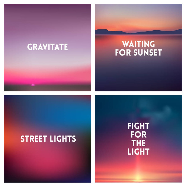 Abstract vector sunset blurred background set. Square blurred background - sky clouds colors With love quotes. - Vector, Image