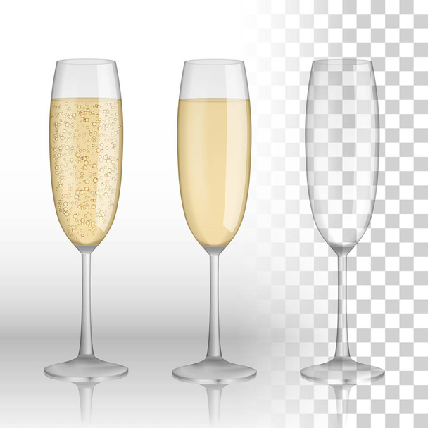 Πλήρη και άδειο ποτήρι σαμπάνια και λευκό κρασί, απομονώνονται σε ένα διαφανές φόντο. διάνυσμα γυαλί. Έννοια εορτασμός διακοπών καλά Χριστούγεννα και Ευτυχισμένο το νέο έτος. Εικονογράφηση διάνυσμα - Διάνυσμα, εικόνα