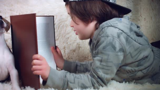 Szczeniak i dziecko czytając książkę - Materiał filmowy, wideo