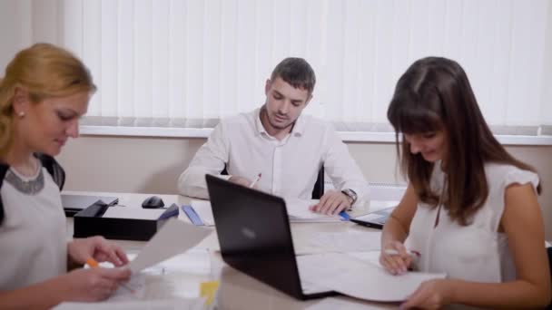 Team van accountants werk hebben een discussie over documenten. - Video
