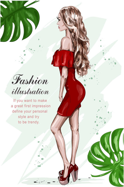 Beautiful young woman in red dress. Hand drawn fashion woman. Stylish girl. Fashion look. Sketch. Vector illustration.  - Vector, Image