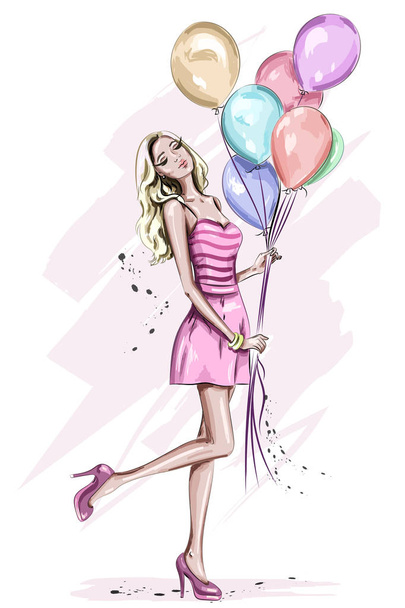 Beautiful young woman with colorful birthday balloons. Stylish cute blonde hair girl in pink dress. Hand drawn woman in fashion clothes. Sketch. Vector illustration.  - Vektor, Bild