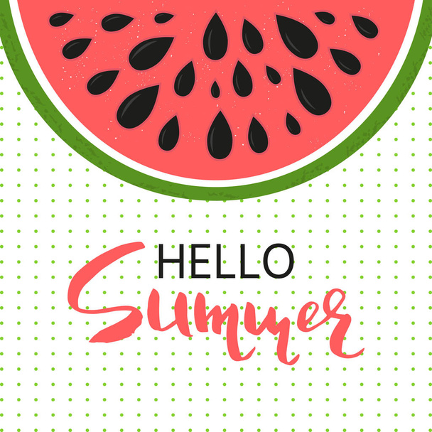 Cute summer postcard with hand drawn lettering and watermelon slice. Beautiful poster for print, season invitation, journal card. Vector sticker.  - Вектор,изображение