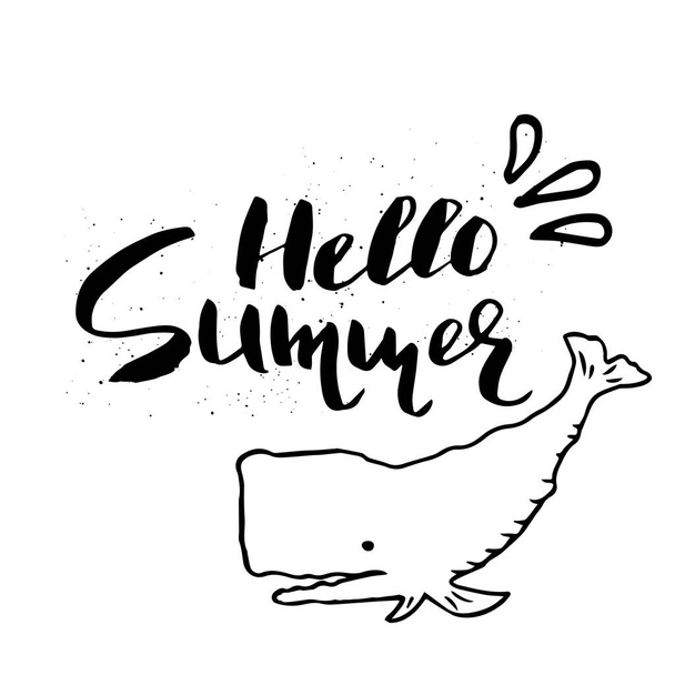 Beautiful summer poster with hand drawn lettering and whale. Template for sail, tropical vacation, banner, invitation, envelope, background, journal cards.  - Vektör, Görsel