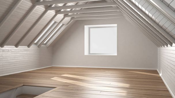 空の部屋、ロフト、屋根裏部屋、木製のフローリング、木製の天井 - 写真・画像