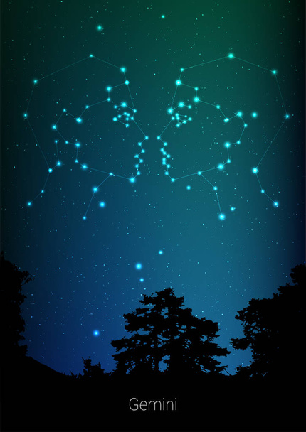 Gemini zodiac constellations sign with forest landscape silhouette on beautiful starry sky with galaxy and space behind. Gemini horoscope symbol constellation on deep cosmos background. Card design - Вектор, зображення