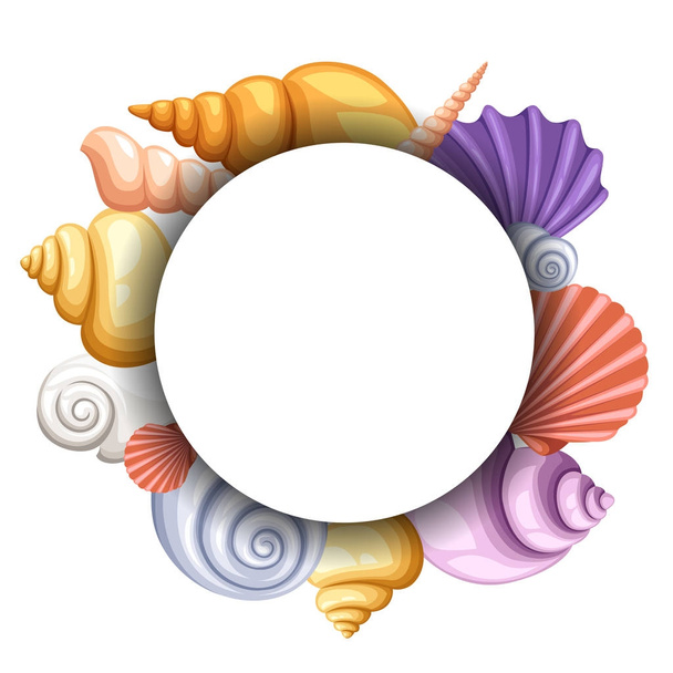 Дизайн морського круглого банера, концепція різнокольорових черепашок. Об'єкти в білому колі, кольорова екзотична коктейль, векторна ілюстрація. Сторінка сайту та дизайн мобільних додатків
 - Вектор, зображення