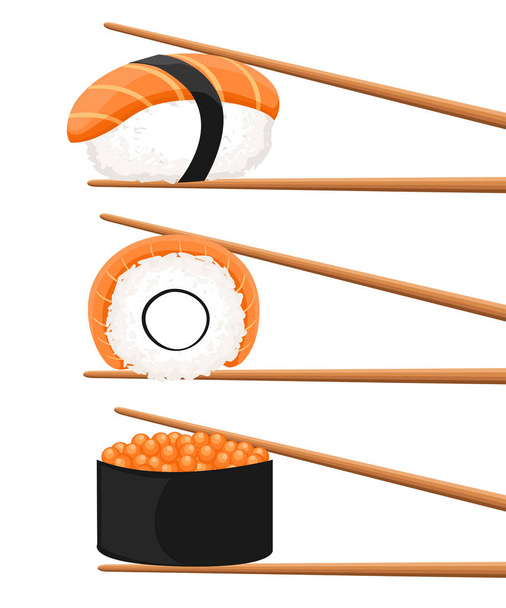 寿司ロールを保持している箸のセットです。スナック、スージー、エキゾチックな栄養、寿司レストラン、海の料理のコンセプトです。白い背景上に分離。フラット スタイルの傾向現代ロゴ デザイン ベクトル図. - ベクター画像