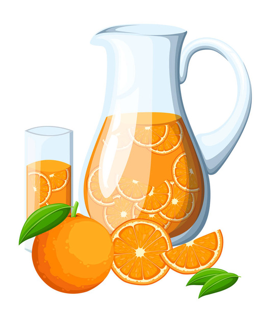 Orangenfruchtgetränk im Glaskrug. Orange mit ganzen Blättern und Orangenscheiben. dekoratives Plakat, Emblem Naturprodukt, Bauernmarkt. isoliert auf weißem Hintergrund. Website und mobile App - Vektor, Bild