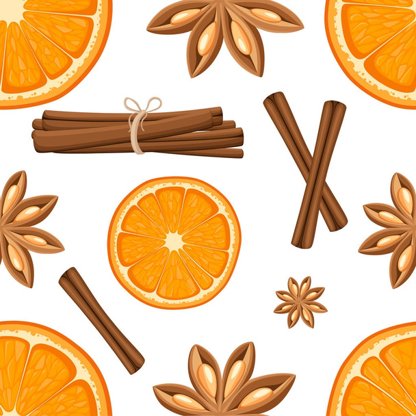 Cinnamon stick, star anise and slices of oranges. Isolated illustration on white background. Seamless illustration. Website page and mobile app - Vector, Image