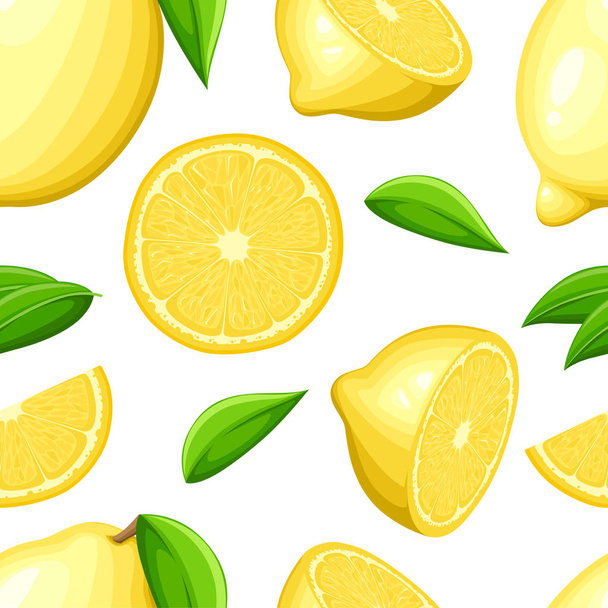 Лимон з листям цілим і шматочками лимона. Безшовна ілюстрація. Векторні ілюстрації для декоративного плаката, емблеми природного продукту, ринку фермерів. Сторінка сайту та дизайн мобільних додатків
 - Вектор, зображення