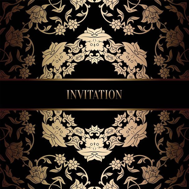Vintage baroque Wedding Invitation template with damask background. Tradition decoration for wedding. Vector illustration in black and gold - Вектор,изображение