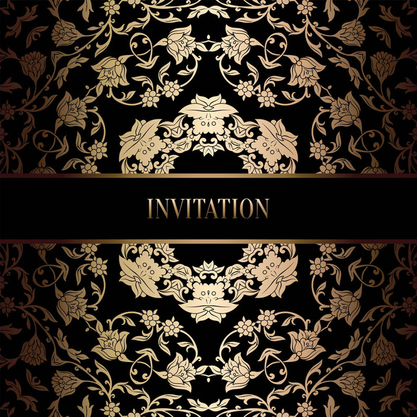 Vintage baroque Wedding Invitation template with damask background. Tradition decoration for wedding. Vector illustration in black and gold - Vektor, kép