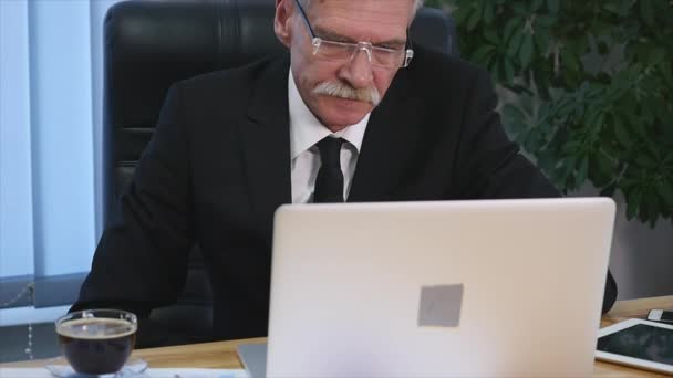 Businessman drinks coffe while watching the laptop screen - Filmmaterial, Video
