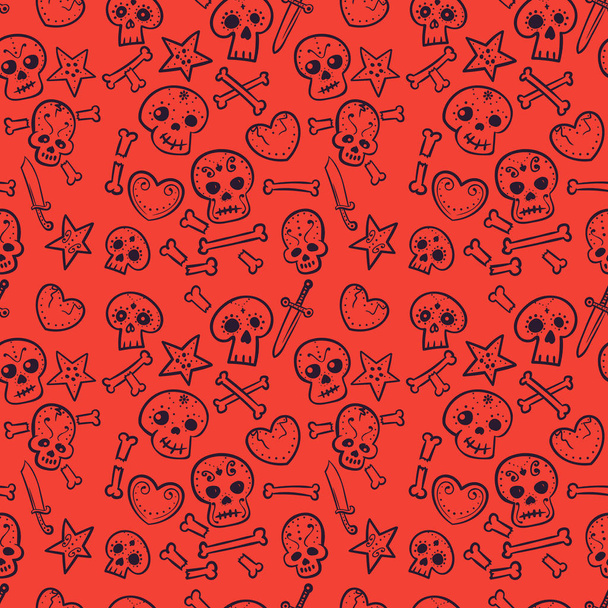 pattern with skulls, hearts, seamless background - Vektor, Bild