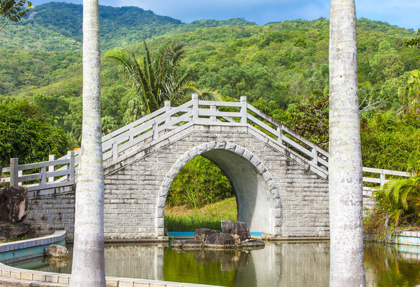 Le pont à travers l'étang dans le jardin chinois
. - Photo, image
