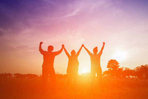 Silhouette image of happy family making high hands in sunset - Photo, Image