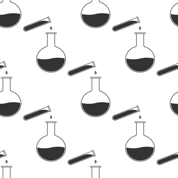 Reagenzglas und Kolben - Chemielabor-Testsymbol nahtloses Muster auf weißem Hintergrund. flache Bauweise. Vektorillustration - Vektor, Bild