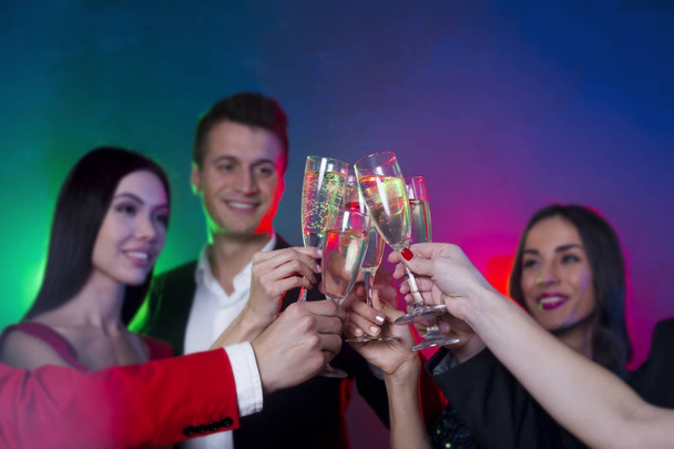 Celebration and party. People and holidays concept. Close up of friends clinking glasses of champagne at party. New year. Birthday - Φωτογραφία, εικόνα