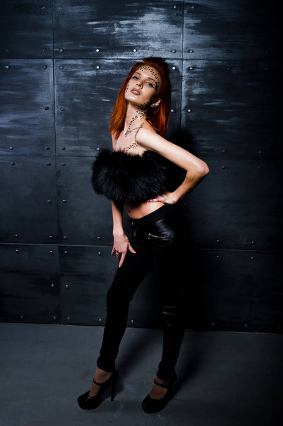 Fashion model red haired girl with originally make up like leopa - Zdjęcie, obraz