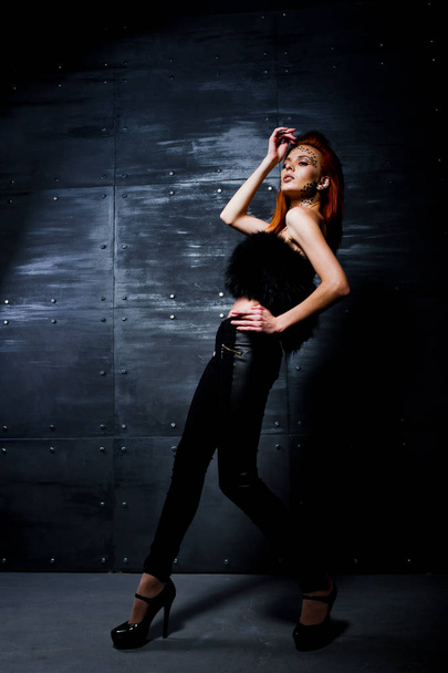 Fashion model red haired girl with originally make up like leopa - Foto, Imagem
