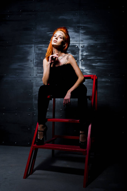 Fashion model red haired girl with originally make up like leopa - Photo, Image