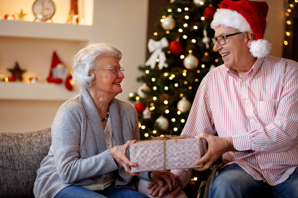 smiling senior couple with Christmas gift - 写真・画像