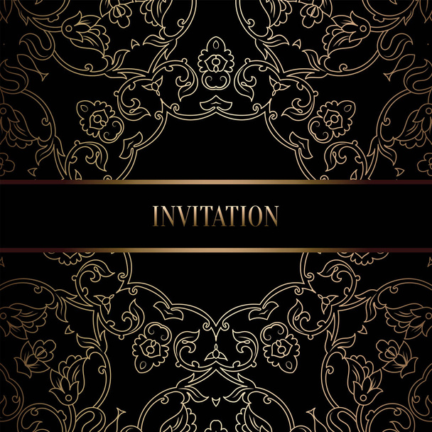 Vintage baroque Wedding Invitation template with damask background. Tradition decoration for wedding. Vector illustration in black and gold - Vecteur, image