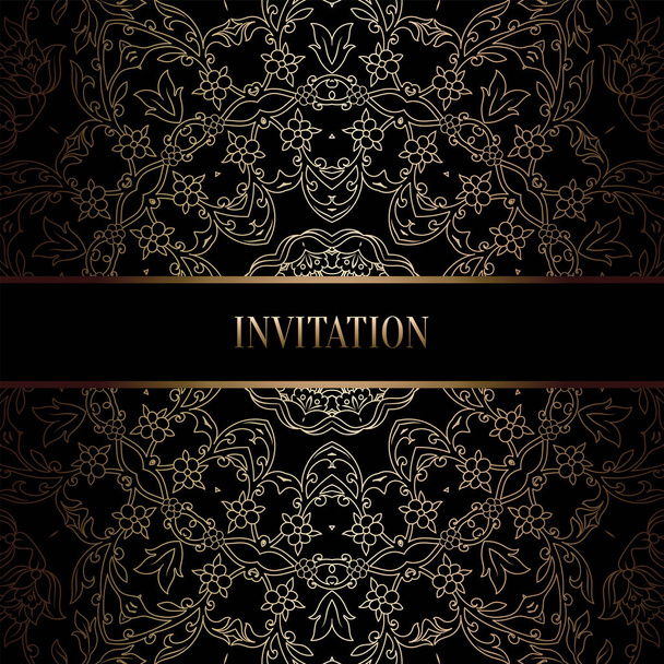 Vintage baroque Wedding Invitation template with damask background. Tradition decoration for wedding. Vector illustration in black and gold - Wektor, obraz