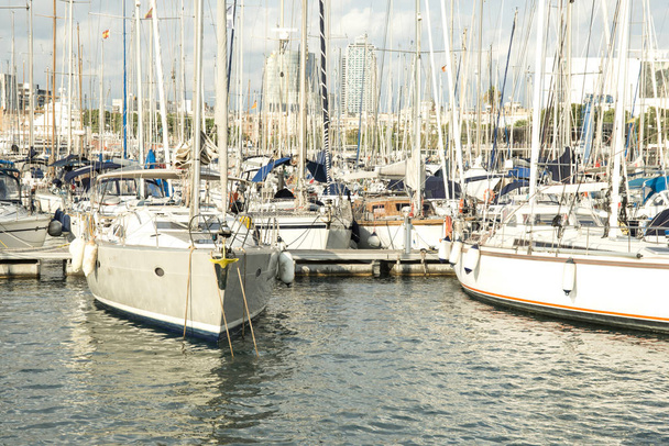Early moring close up of yachts moored in harbor against city - Photo, Image