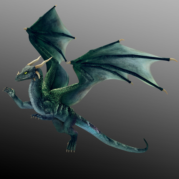 fliegender CGI Fantasy Drache mit Flügeln, blau und grün - Foto, Bild