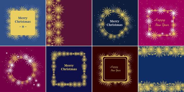 Decorative square Christmas and New year round frame. Set of 9 frames with snowflakes. Winter card border. Vector background. - Wektor, obraz