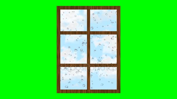 Esős idő, csepp, üveg és a felhők az égen repülő járművek. Animált illusztráció a zöld képernyő ablak. - Felvétel, videó