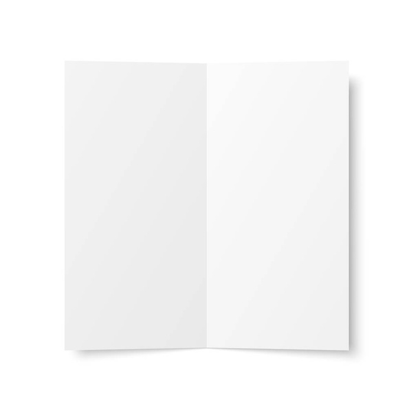 Векторний порожній білий двократний буклет, відкритий на білому тлі. Вид зверху. Лицьова сторона. Два складених паперових аркуша в А4. Макет порожньої кришки або флаєра ізольовано. 3D ілюстрація
 - Вектор, зображення