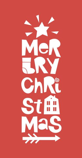 Tırnaklarla Merry Christmas, yıldız ve kırmızı zemin üzerine ev tatil - Vektör, Görsel