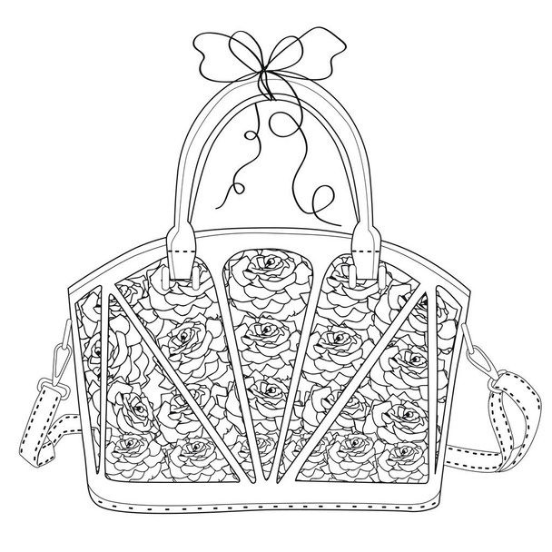 Coloring  page for adults. Bag with roses.  - Vector, imagen