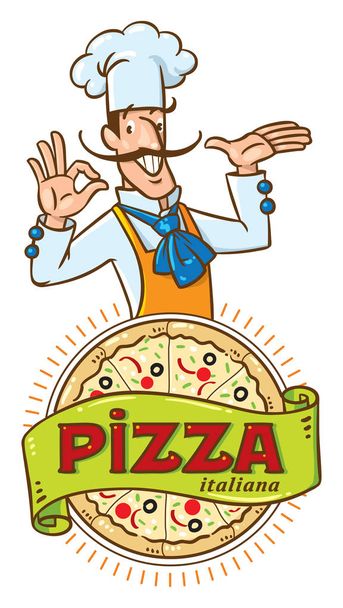 Chef italiano divertido con pizza. Diseño del emblema - Vector, imagen