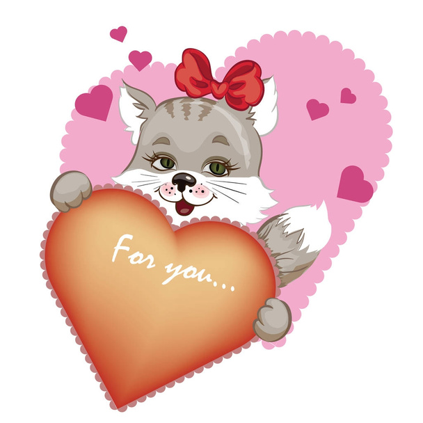 red cat keeps a big heart in its paws, valentine - Вектор, зображення