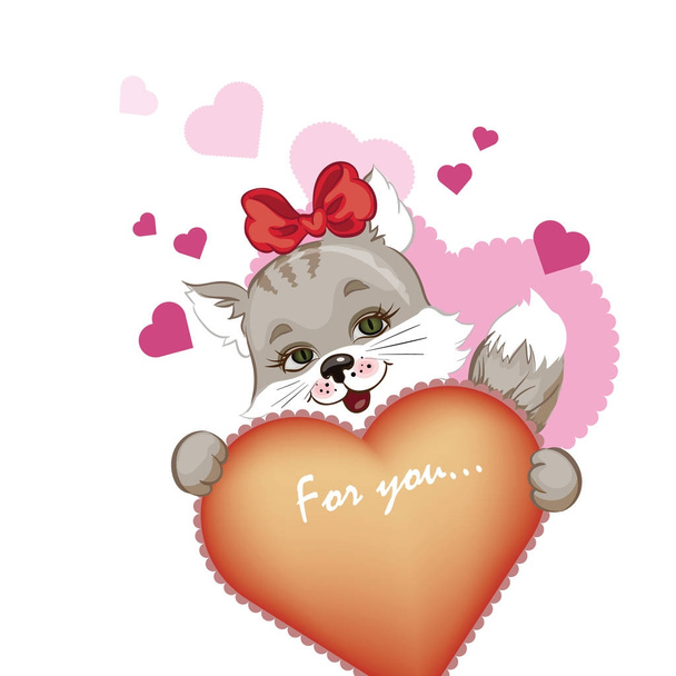 red cat keeps a big heart in its paws, valentine - Vector, afbeelding