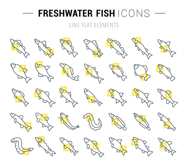 Tatlı su balık vektör hat Icons set - Vektör, Görsel