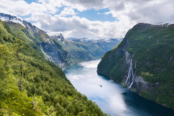Summer landscape with fjord and waterfall, Norway - Fotoğraf, Görsel