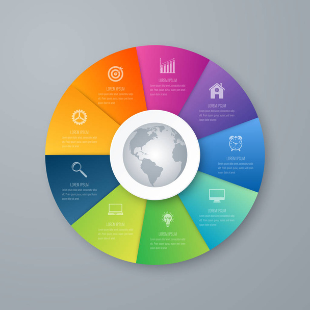 Infographics template 9 options with circle - Vector, imagen