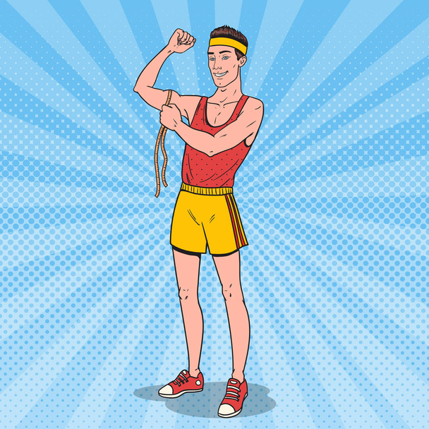 Pop-Art Funny štíhlý sportovec měří jeho svaly. Vektorové ilustrace - Vektor, obrázek