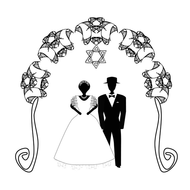 Урожай графічних Chuppah. Арки для релігійних єврейських єврейські весілля. Наречений і наречена під балдахіном. Векторні ілюстрації на ізольованих фоні. - Вектор, зображення